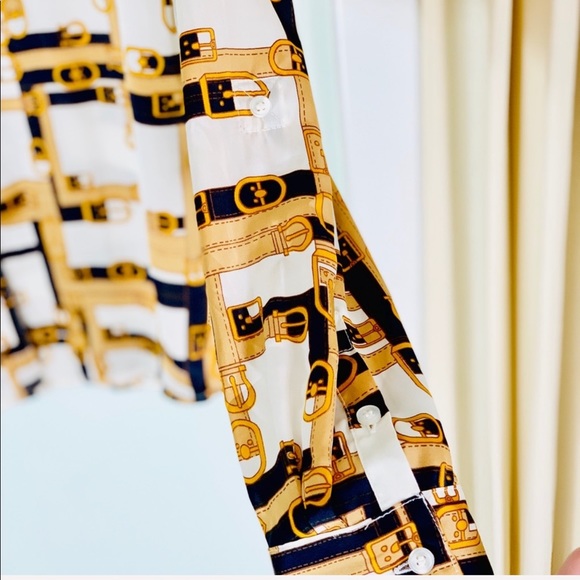 CYBER SALE🕊️vintage 80’s silky button down gold black buckle design blouse - Picture 8 of 10